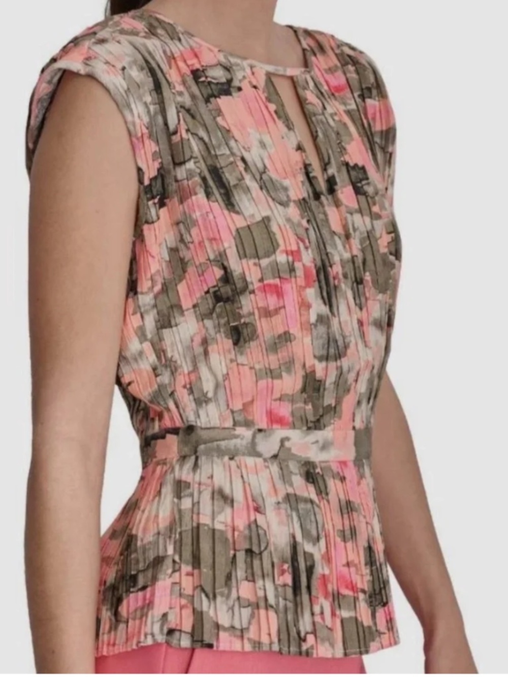 DKNY Women's Pink Printed Crewneck Pleated Peplum Fitted Blouse Top Size L, XL - Picture 3 of 17